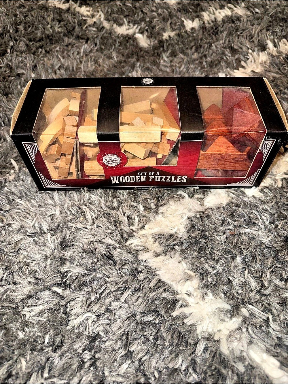 The Original Fun Workshop Set of 3 Wooden Puzzles Brown & Red Like New